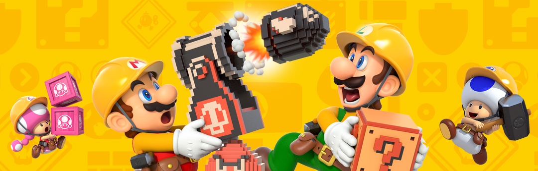 Luigi shocked at Mario carrying a Bullet Bill Blaster. Toad and Toadette can be seen in the background